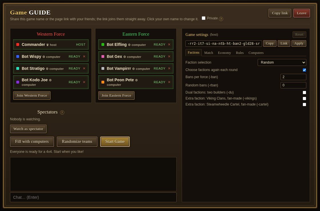 The lobby with both forces and the game settings