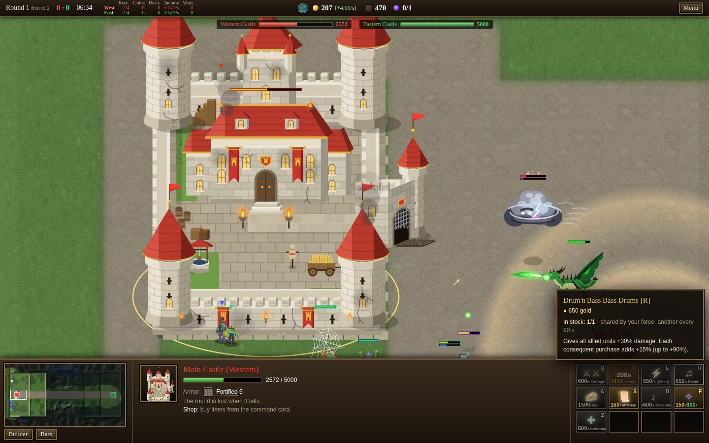 The castle selected, its shop on the command card